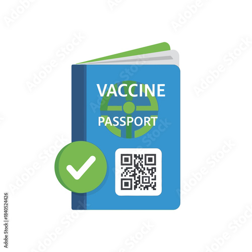 Illustrated Blue Vaccine Passport with Green Check Mark and QR Code, Approved.