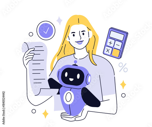 AI budgeting concept. Woman holding receipt and managing home finances with the help of robot assistant. Expense management, tracking tools. Vector outline illustration.