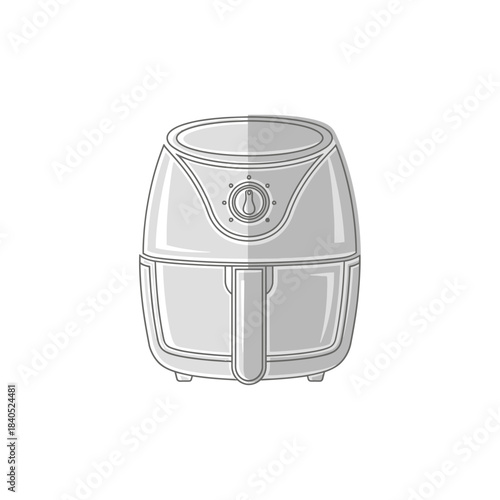 Gray Air Fryer Illustration with Knob and Basket Handle, Kitchen Appliance.