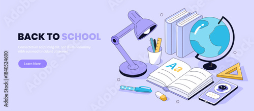 Back to school isometric illustration with study books, desk lamp, globe, pens and pencils. AI learning assistant, digital education concept vector.