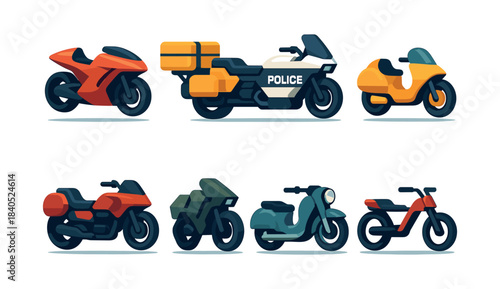 Motorcycle collection, flat vector illustration, police, sports, scooter designs