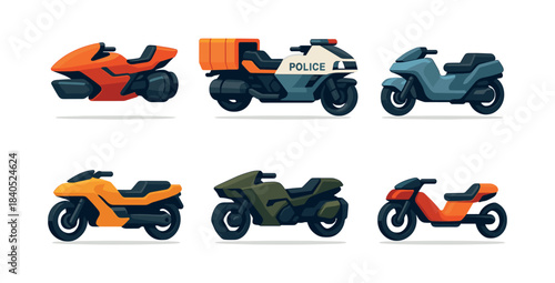 Motorcycle collection, flat vector illustration of scooters and police bikes