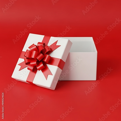 Open white gift box with red ribbon on red background