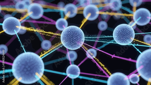 Interconnected Network of Spheres: Abstract rendering of a network of interconnected spheres, showcasing a complex web of connections, symbolizing communication, data flow, or scientific concepts.