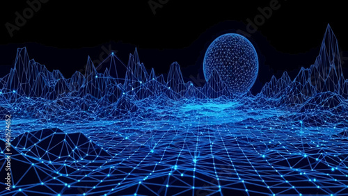 Digital Terrain: A captivating digital landscape unfolds, showcasing a surreal mesh of interconnected lines and points forming an expansive terrain.