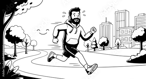 A bearded man in athletic wear running through a park with a city skyline in the background.