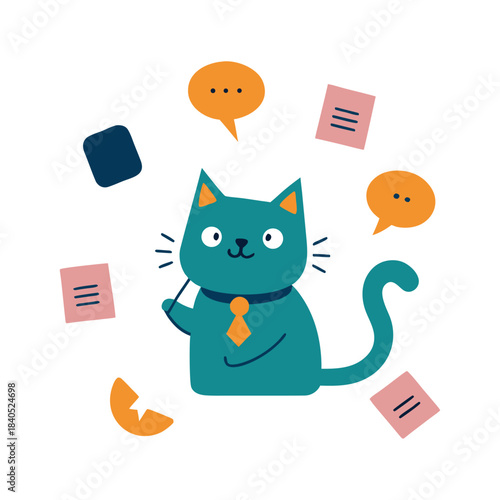 Cute Cat Talking on Landline Phone with Office Notes in Minimal Vector