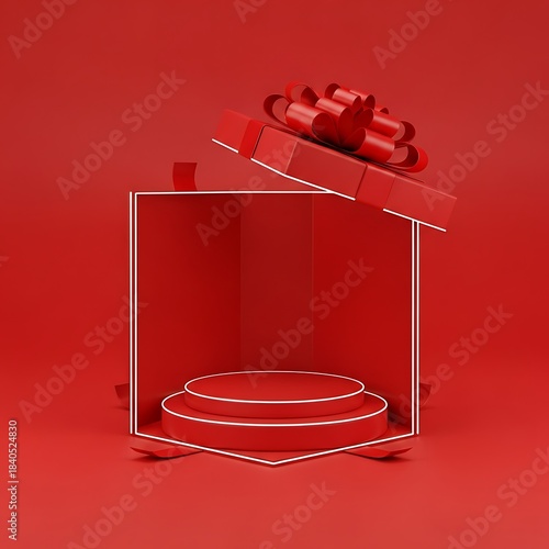 Open red gift box with tiered platform inside and red ribbon