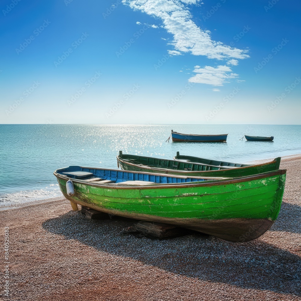 Naklejka premium A serene coastal scene featuring green boats resting on the shore, evoking feelings of peace and leisure by the sea