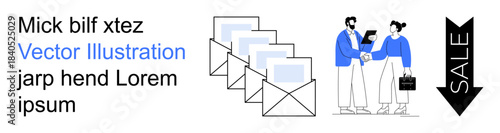 Business communication, email marketing, teamwork, digital services, sales strategies, collaboration. Multiple emails, two people interacting and a sale arrow down. Email marketing and business