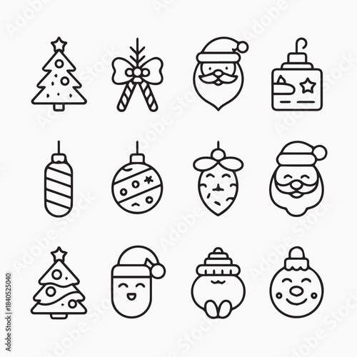 Cute Minimalist Christmas Outline Icon Set - Simple Line Art Vector