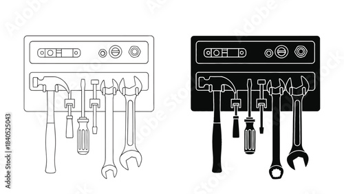 Set of tools hanging on a wall mount, line art and solid silhouette versions for mechanics and repair work