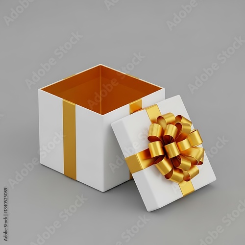 Open white gift box with a golden ribbon and bow on a gray background