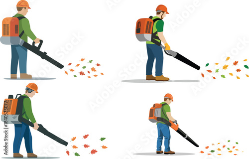 autumn season worker using leaf blower, outdoor garden cleaning, fall foliage removal, landscape maintenance, park service equipment, environmental care illustration, vector design
