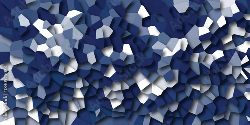 Geometric mosaic pattern of irregular blue and white polygons with subtle shadows, creating a textured abstract background for modern design