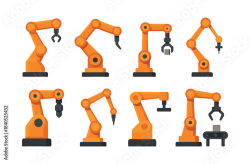 Robotic arm designs, mechanical automation in factories, flat vector illustration