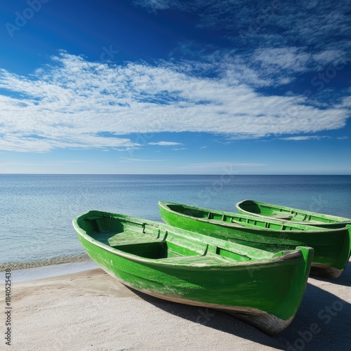A serene coastal scene featuring green boats resting on the shore, evoking feelings of peace and leisure by the sea