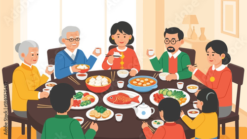 This flat design illustration depicts a joyful multi-generational family celebrating Chinese New Year with a traditional reunion dinner, sharing food and laughter around a round table. 