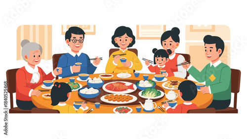 This flat design illustration depicts a joyful multi-generational family celebrating Chinese New Year with a traditional reunion dinner, sharing food and laughter around a round table. 