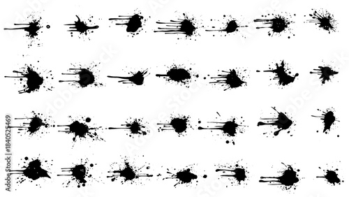 Grunge ink splatter. Splash of paints, spray drops staining and frame with wet paint drop traces  set. Illustration splash and drip design, silhouette blob spray collection