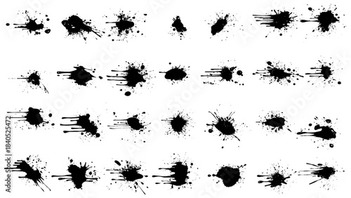 A set of black ink splatters on a white background, black ink splashes, Black grunge ink splatter vector illustration