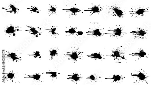 A set of black ink splatters on a white background, black ink splashes, Black grunge ink splatter vector illustration