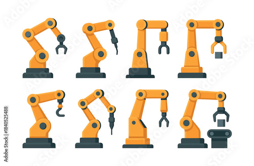 Industrial robot arms, factory assembly tools, automation, flat vector illustration