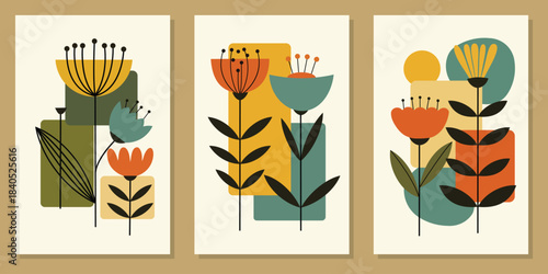 Abstract Boho Floral Wall Art Poster Set With Geometric Shapes