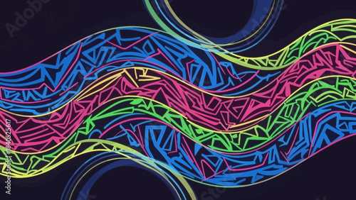 Vibrant Abstract Wave: Captivating digital artwork showcasing flowing, colorful wave forms, reflecting a dynamic blend of patterns and hues, representing creativity, energy, and artistic expression.