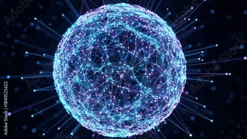 Abstract Digital Sphere: An intricate network of interconnected data points forms a mesmerizing three-dimensional sphere, radiating with a vibrant blue glow against a dark backdrop. 