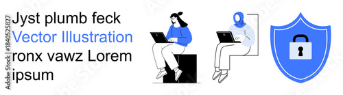 Cybersecurity, data privacy, online safety, secure communication, technology, remote work. Two individuals use laptops shield with a lock icon nearby. Cybersecurity and data privacy