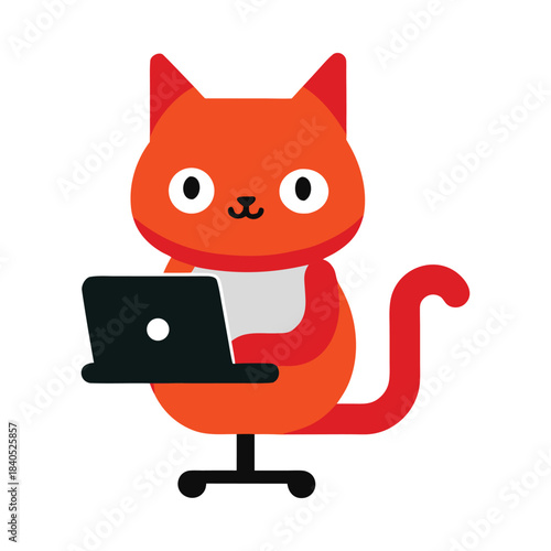 Cute Cat Sitting on Swivel Chair Checking Emails in Modern Office Vector