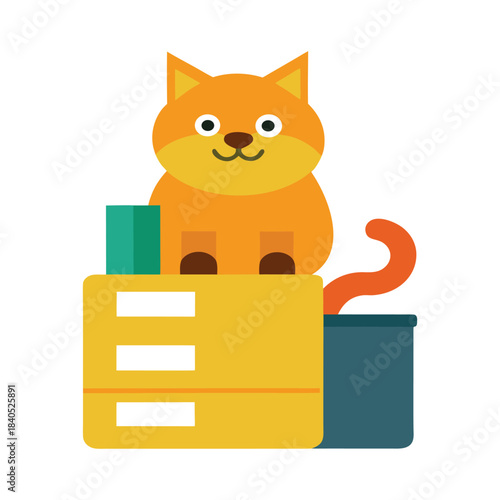 Cute Cat Holding Office Papers Sitting on Organized Filing Cabinet Scene