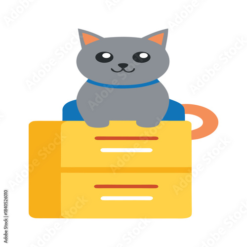Cute Cat Sitting on Filing Cabinet Holding Office Papers in Clean Vector