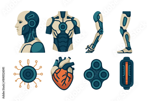 Cyborg anatomy, flat vector illustration of human robot bionic body parts
