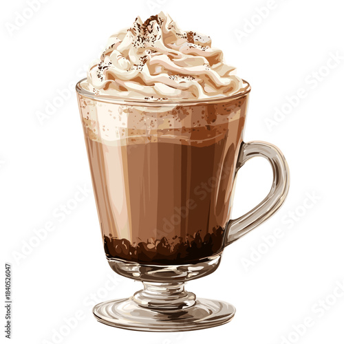 A rustic hot chocolate with whipped cream in a glass cup isolated on a white background