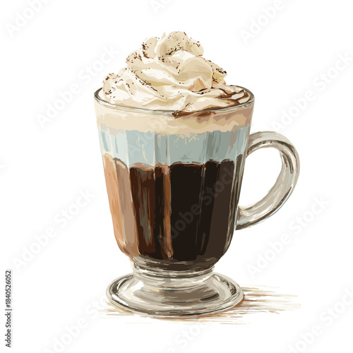 A rustic hot chocolate with whipped cream in a glass cup isolated on a white background