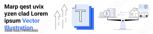 Financial planning, asset management, investment decisions, cost analysis, money balancing, economic growth. Icons of scales, arrows money stack and house. Financial planning and asset management