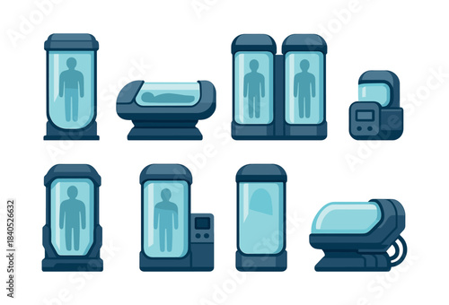 Cryogenic chamber collection, medical pods, futuristic design, flat vector illustration