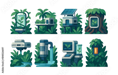 Eco-friendly technology icons, plants, devices, renewable energy, flat vector illustration