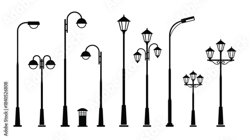 Collection of vintage and modern street lamp silhouettes showcasing diverse urban lighting designs for architectural inspiration and outdoor illumination projects