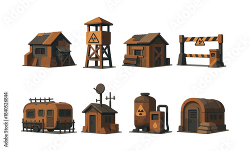 Post-apocalyptic buildings and structures set, flat vector illustration