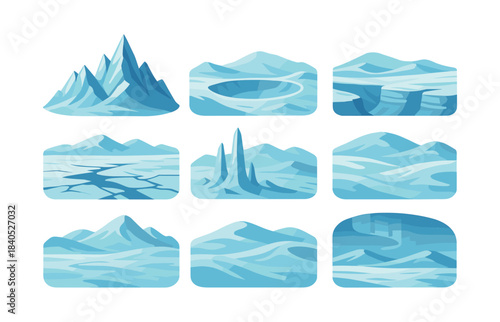 Winter landscape collection, icebergs and glaciers, flat vector illustration