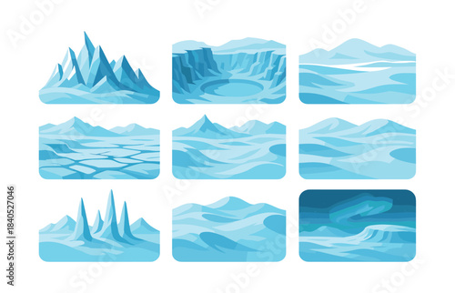 Ice landscape collection, arctic, snowy terrain, flat vector illustration
