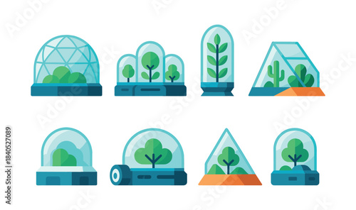 Terrarium collection, plant ecosystems, geometric shapes, flat vector illustration
