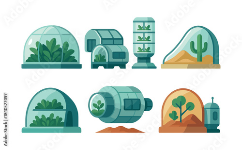 Greenhouse and terrarium designs, plants, cacti, flat vector illustration
