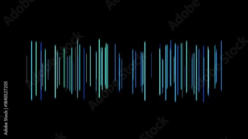 abstract representation of a sound wave or an audio visualizer, showing vertical lines of varying heights and colors against a black background. 
