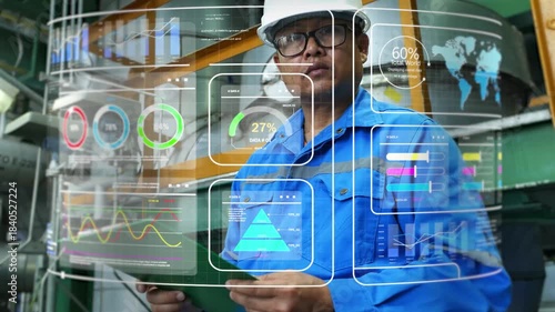 Engineers view data analyzed by an AI system on an industrial holographic screen. engineers analyzing ai data, holographic industrial screen, smart factory monitoring, digital twin technology, 