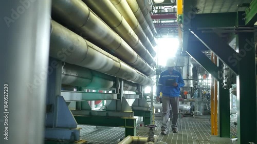 an engineer mawalking through a complex industrial environment, likely a chemical processing plant or oil refinery, with a background of pipelines and machinery. 