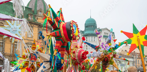 Christmas nativity scene with Ukrainian national Christmas star decoration